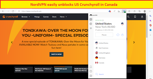 NordVPN unblocks US Crunchyroll in Canada
