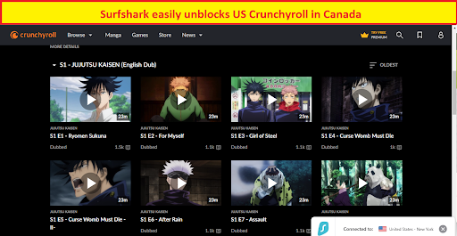 SurfShark unblocks US Crunchyroll in Canada