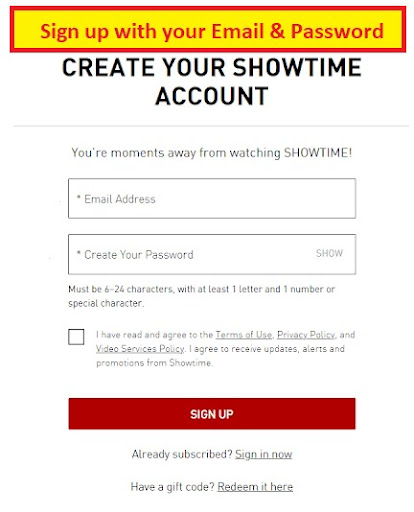 Showtime signup form